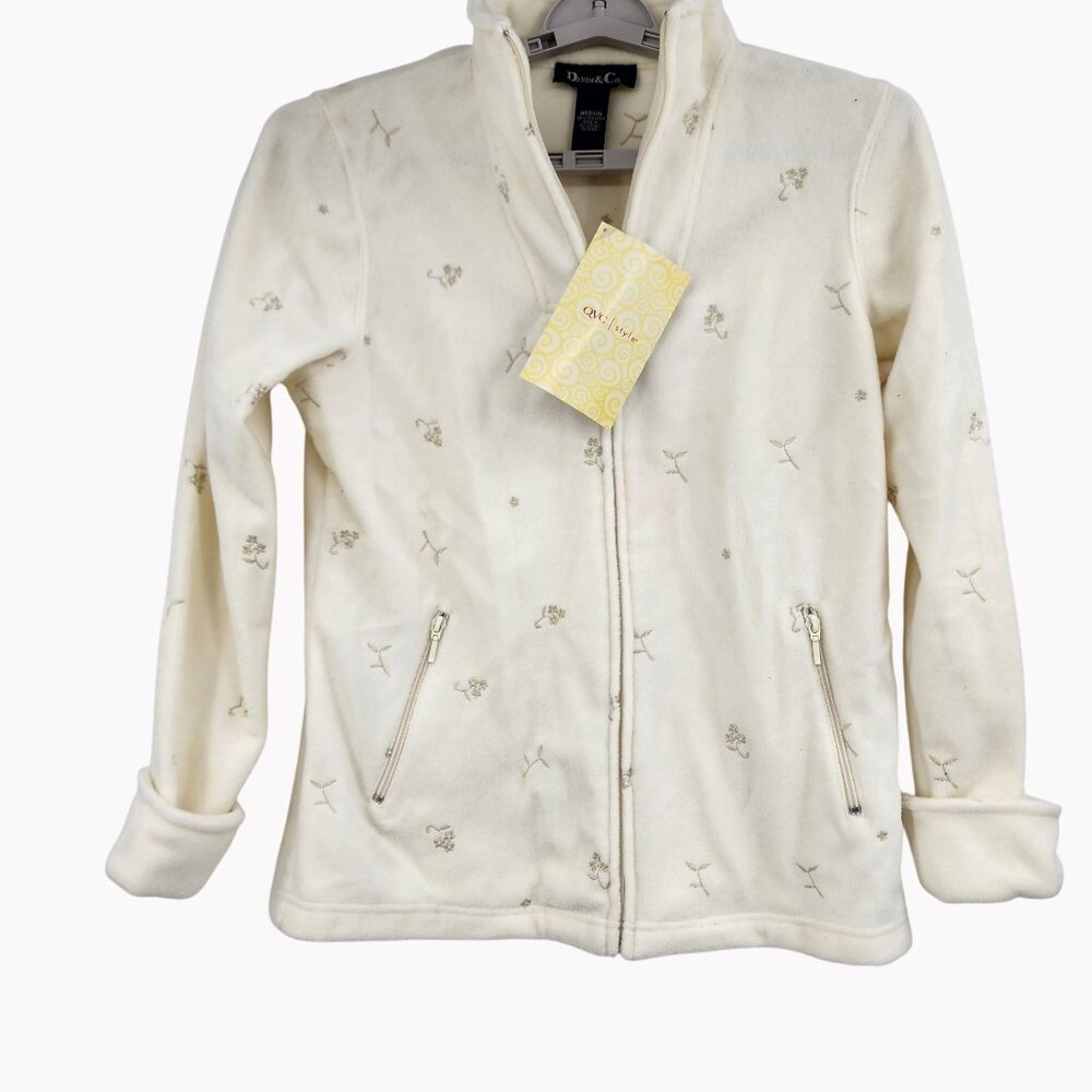 Vintage Denim & Co Womens M Ivory Fleece Zip Jacket Embroidered QVC New